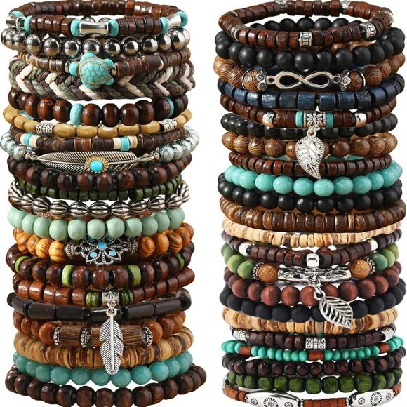 Other - Gothic Wooden Beaded Bracelet Collection - 43-Pcs Adjustable Wristbands for Men